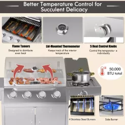 Costway 5-Burner Propane Gas BBQ Grill withSide Burner,Thermometer,Prep Table 50000 BTU