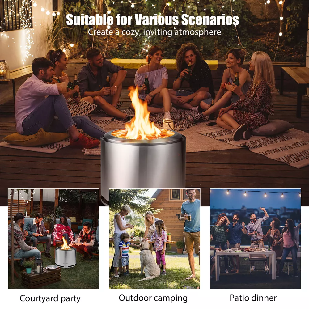 Costway 18.5'' Smokeless Fire Pit 304 Stainless Steel Stove Bonfire with Waterproof Cover