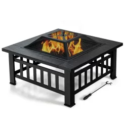Costway 32'' 3 in 1 Outdoor Square Fire Pit Table W/ BBQ Grill, Rain Cover for Camping