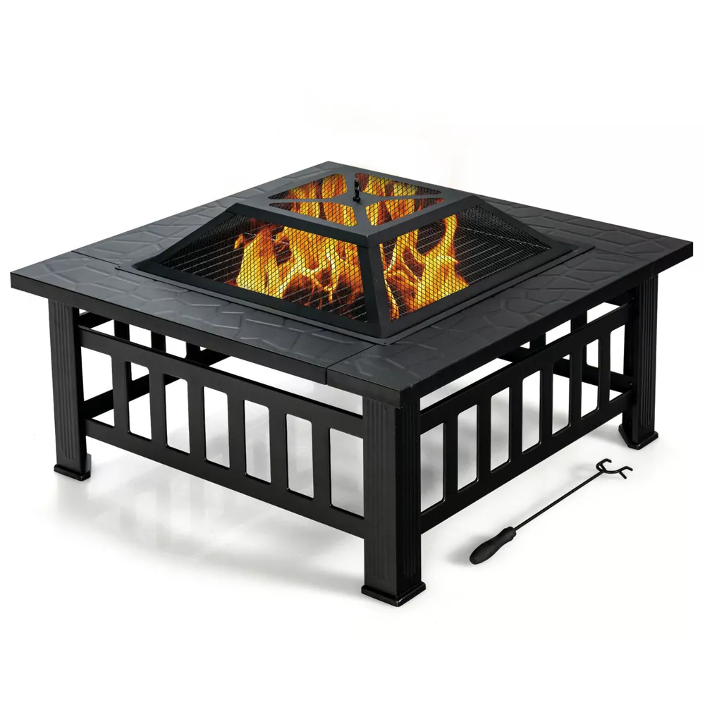Costway 32'' 3 in 1 Outdoor Square Fire Pit Table W/ BBQ Grill, Rain Cover for Camping