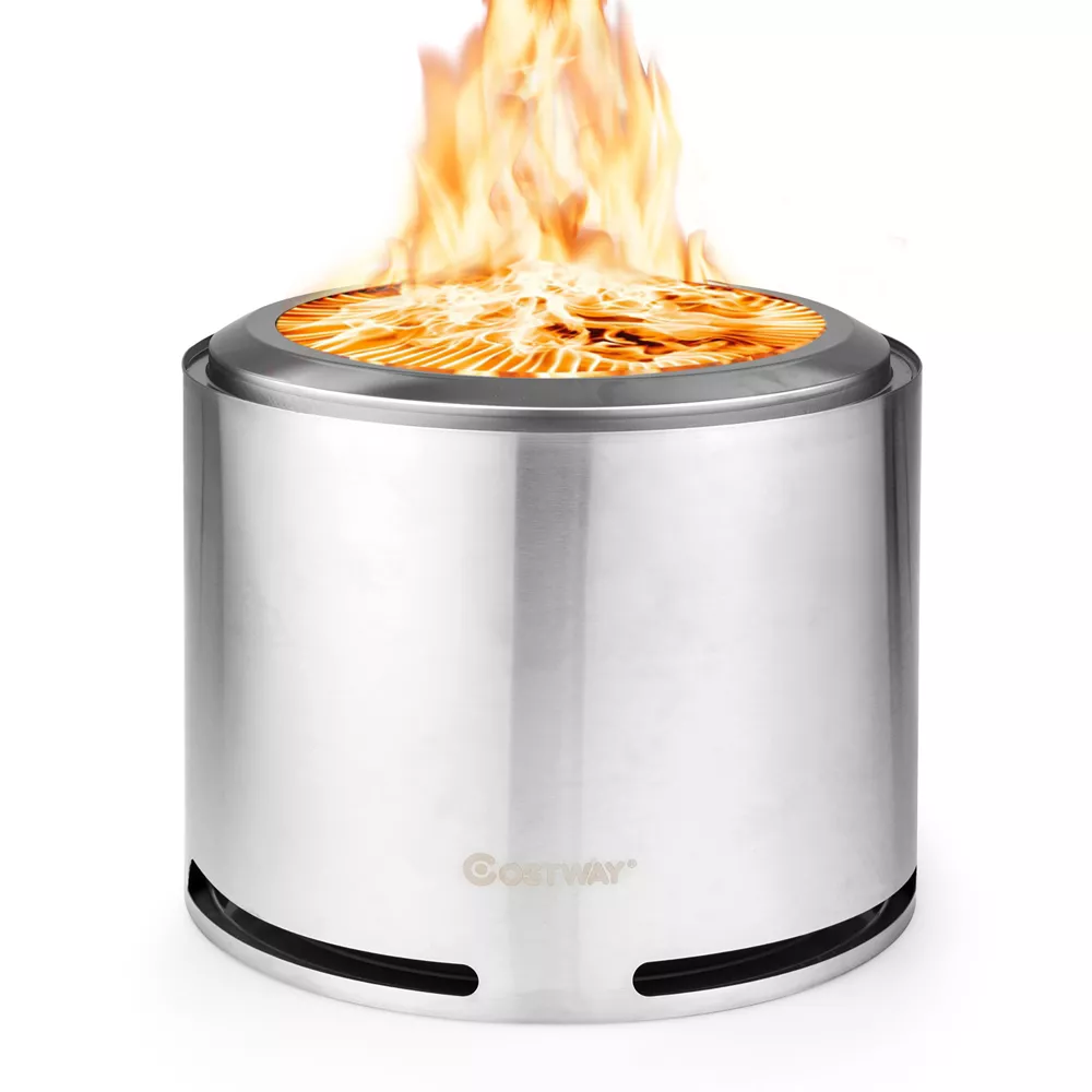 Costway 18.5'' Smokeless Fire Pit 304 Stainless Steel Stove Bonfire with Waterproof Cover