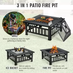 Costway 32'' 3 in 1 Outdoor Square Fire Pit Table W/ BBQ Grill, Rain Cover for Camping