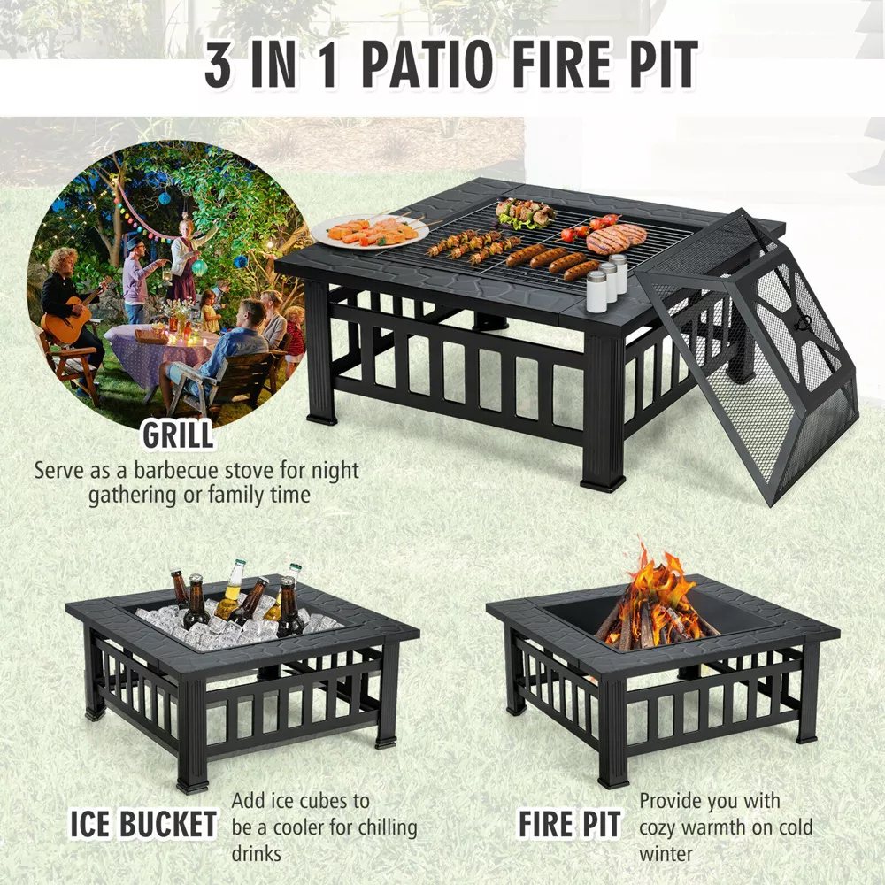 Costway 32'' 3 in 1 Outdoor Square Fire Pit Table W/ BBQ Grill, Rain Cover for Camping
