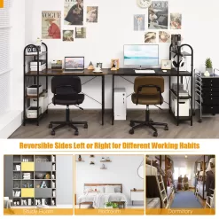 Costway 48'' Reversible Computer Desk Writing Table Workstation w/ Storage Shelf BlackBrown - black