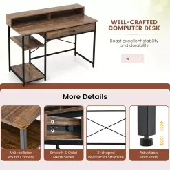 Costway 48” Computer Desk with Monitor Stand Home Office Writing Desk with Storage Drawer and 2 Open Shelves Rustic Brown