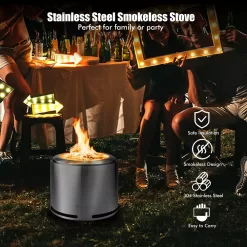 Costway 18.5'' Smokeless Fire Pit 304 Stainless Steel Stove Bonfire with Waterproof Cover
