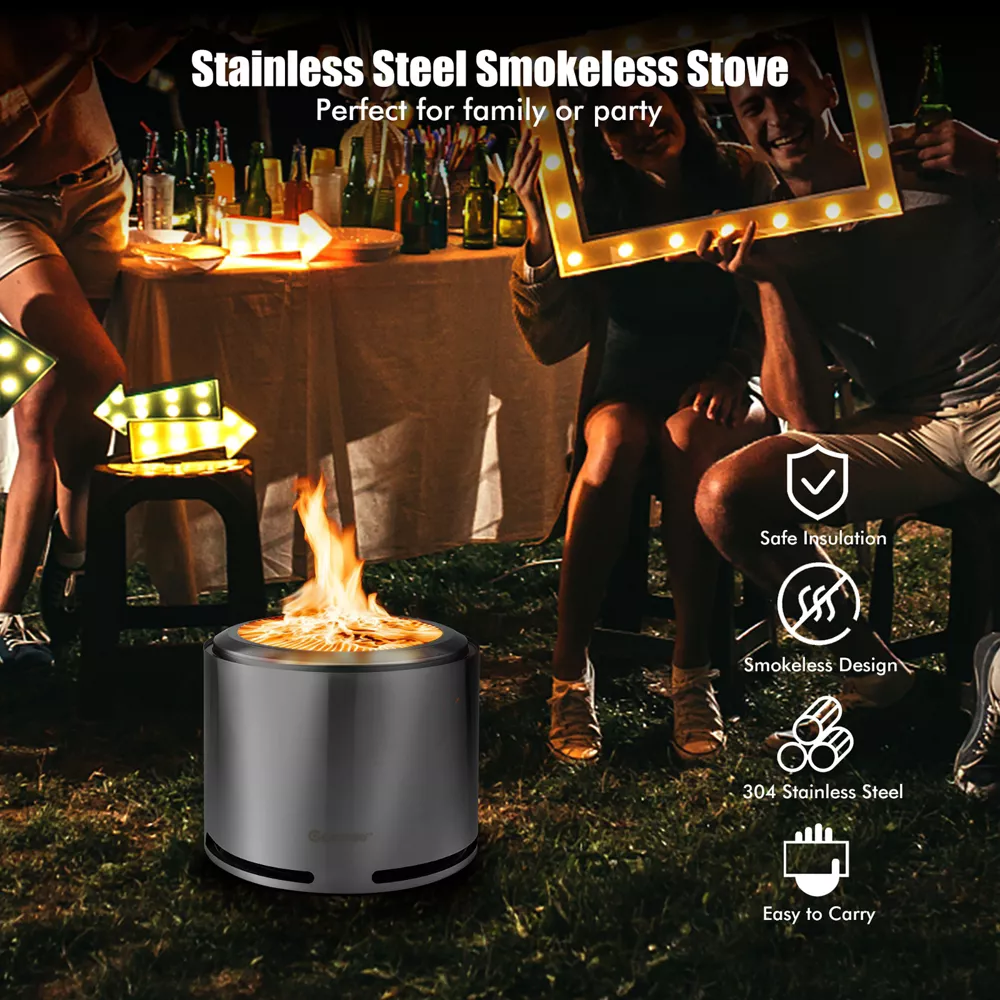 Costway 18.5'' Smokeless Fire Pit 304 Stainless Steel Stove Bonfire with Waterproof Cover
