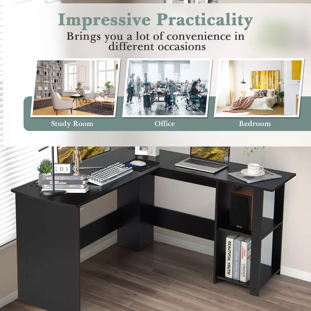Costway L-Shaped Computer Desk - Corner Desk for Small Spaces, Home Office Writing Desk with 2-Tier Open Shelf