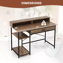 Costway 48” Computer Desk with Monitor Stand Home Office Writing Desk with Storage Drawer and 2 Open Shelves Rustic Brown