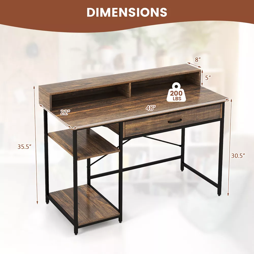 Costway 48” Computer Desk with Monitor Stand Home Office Writing Desk with Storage Drawer and 2 Open Shelves Rustic Brown