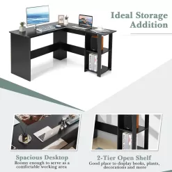 Costway L-Shaped Computer Desk - Corner Desk for Small Spaces, Home Office Writing Desk with 2-Tier Open Shelf