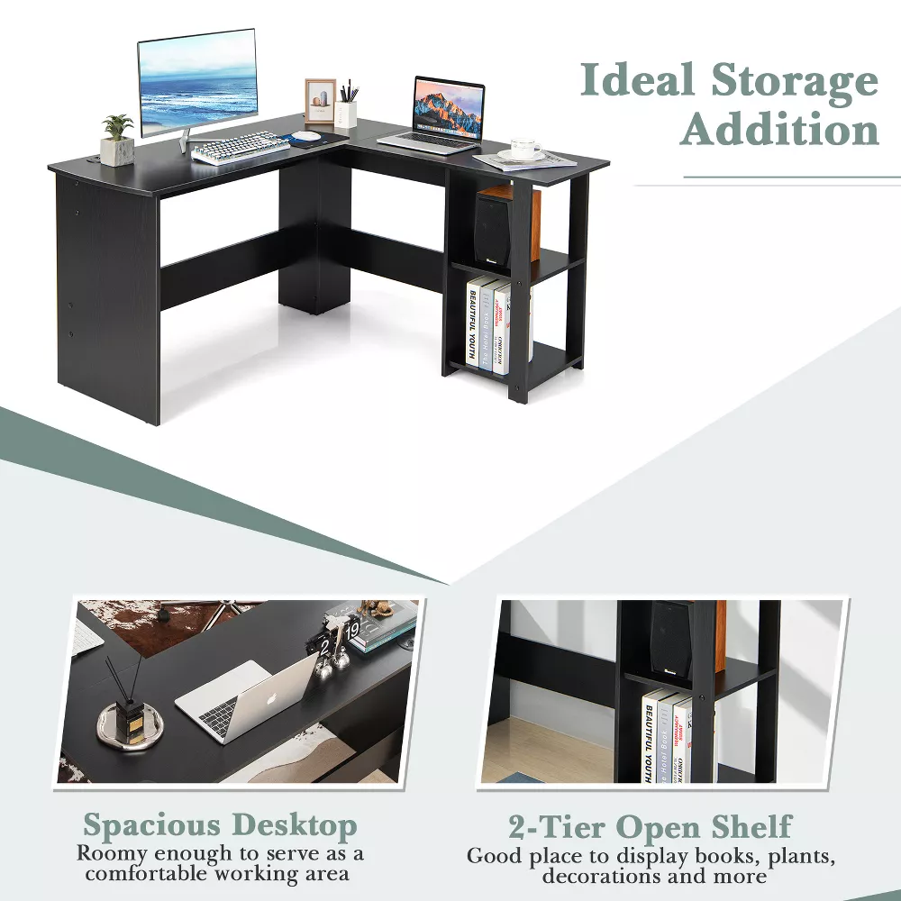 Costway L-Shaped Computer Desk - Corner Desk for Small Spaces, Home Office Writing Desk with 2-Tier Open Shelf