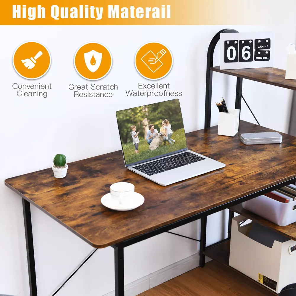 Costway 48'' Reversible Computer Desk Writing Table Workstation w/ Storage Shelf BlackBrown - rustic brown