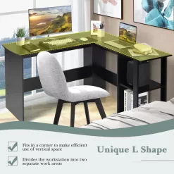 Costway L-Shaped Computer Desk - Corner Desk for Small Spaces, Home Office Writing Desk with 2-Tier Open Shelf