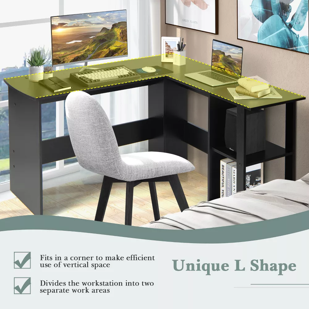Costway L-Shaped Computer Desk - Corner Desk for Small Spaces, Home Office Writing Desk with 2-Tier Open Shelf