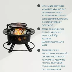 Four Seasons Courtyard 24'' Steel Wood Burning Fire Pit with Removable 360 Degree Swivel Cooking Grill & Collapsible Log Rack for Backyard Patios