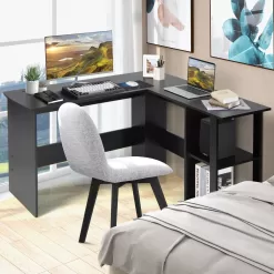 Costway L-Shaped Computer Desk - Corner Desk for Small Spaces, Home Office Writing Desk with 2-Tier Open Shelf