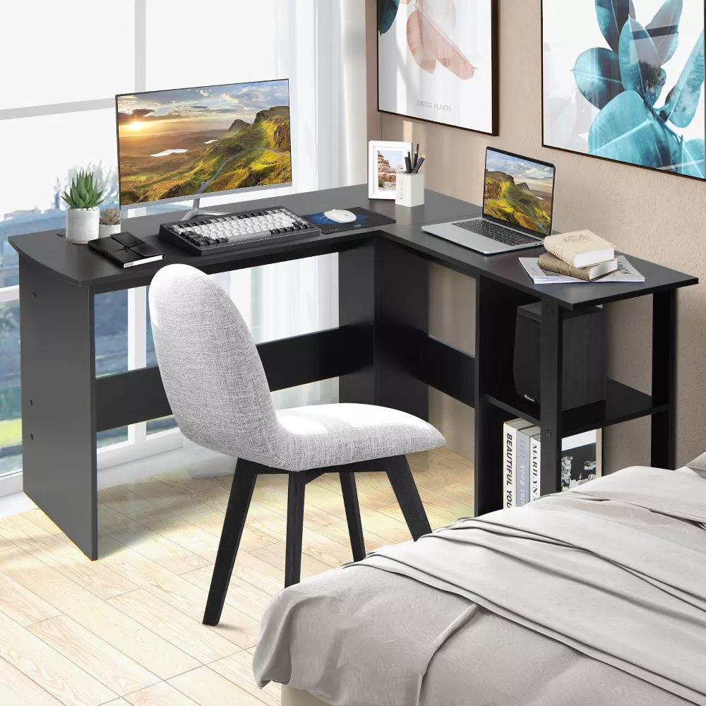 Costway L-Shaped Computer Desk - Corner Desk for Small Spaces, Home Office Writing Desk with 2-Tier Open Shelf