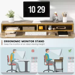 Costway 48” Computer Desk with Monitor Stand Home Office Writing Desk with Storage Drawer and 2 Open Shelves Rustic Brown