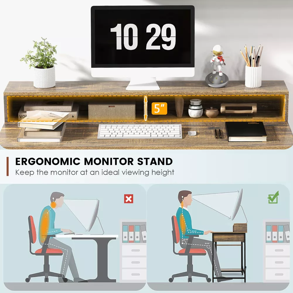 Costway 48” Computer Desk with Monitor Stand Home Office Writing Desk with Storage Drawer and 2 Open Shelves Rustic Brown