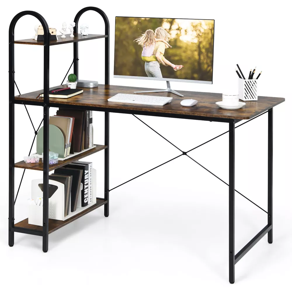 Costway 48'' Reversible Computer Desk Writing Table Workstation w/ Storage Shelf BlackBrown - rustic brown