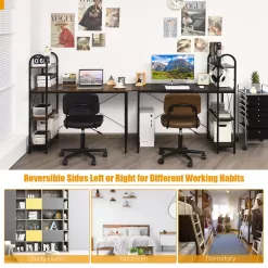 Costway 48'' Reversible Computer Desk Writing Table Workstation w/ Storage Shelf BlackBrown - rustic brown