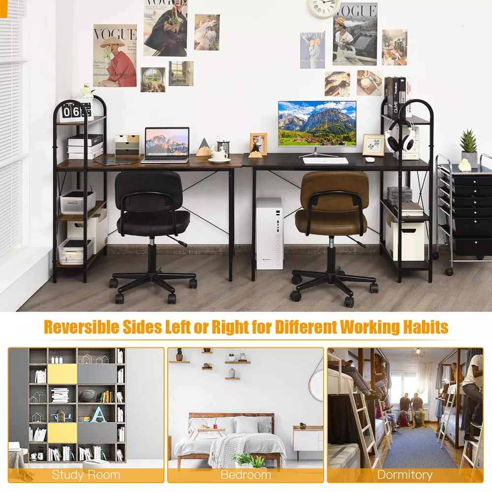 Costway 48'' Reversible Computer Desk Writing Table Workstation w/ Storage Shelf BlackBrown - rustic brown