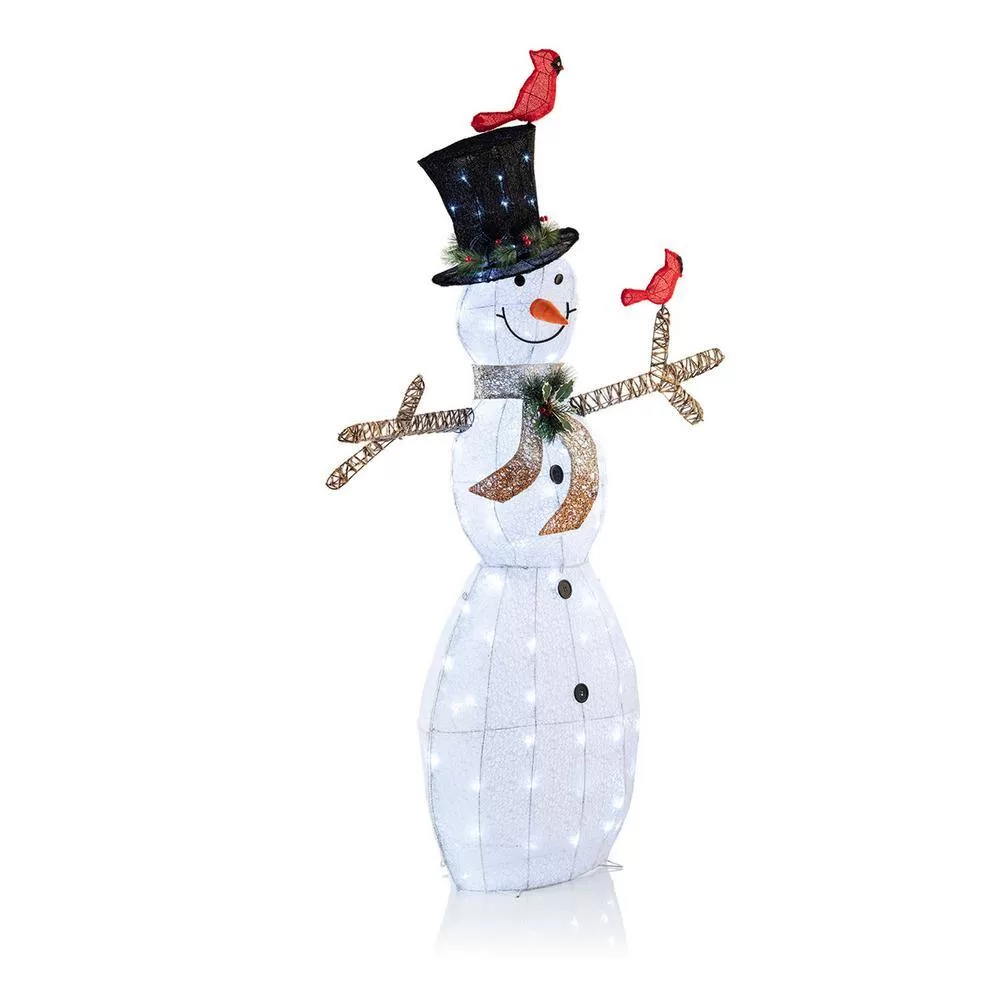 Alpine Corporation CHT892 74 in. Tall Mesh Snowman Decor with Red Birds and Cool White LED Lights