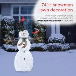Alpine Corporation CHT892 74 in. Tall Mesh Snowman Decor with Red Birds and Cool White LED Lights