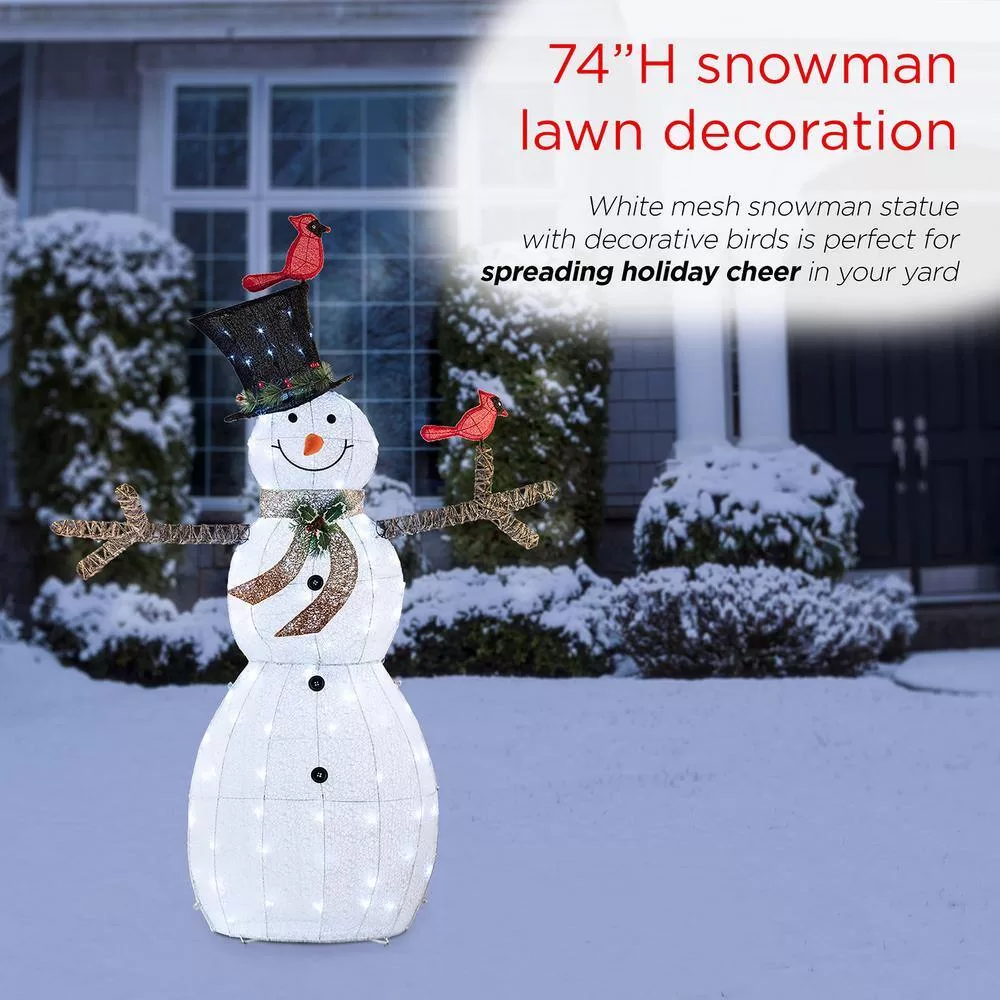 Alpine Corporation CHT892 74 in. Tall Mesh Snowman Decor with Red Birds and Cool White LED Lights
