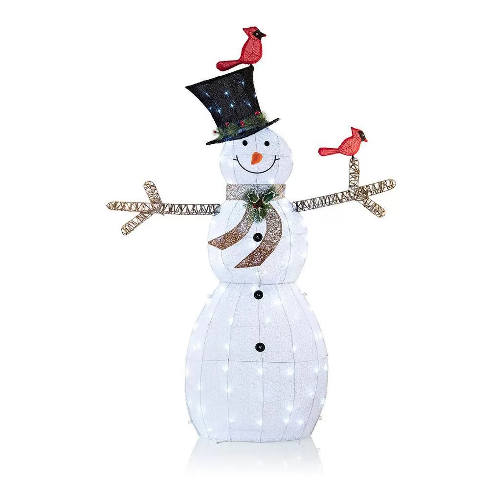Alpine Corporation CHT892 74 in. Tall Mesh Snowman Decor with Red Birds and Cool White LED Lights
