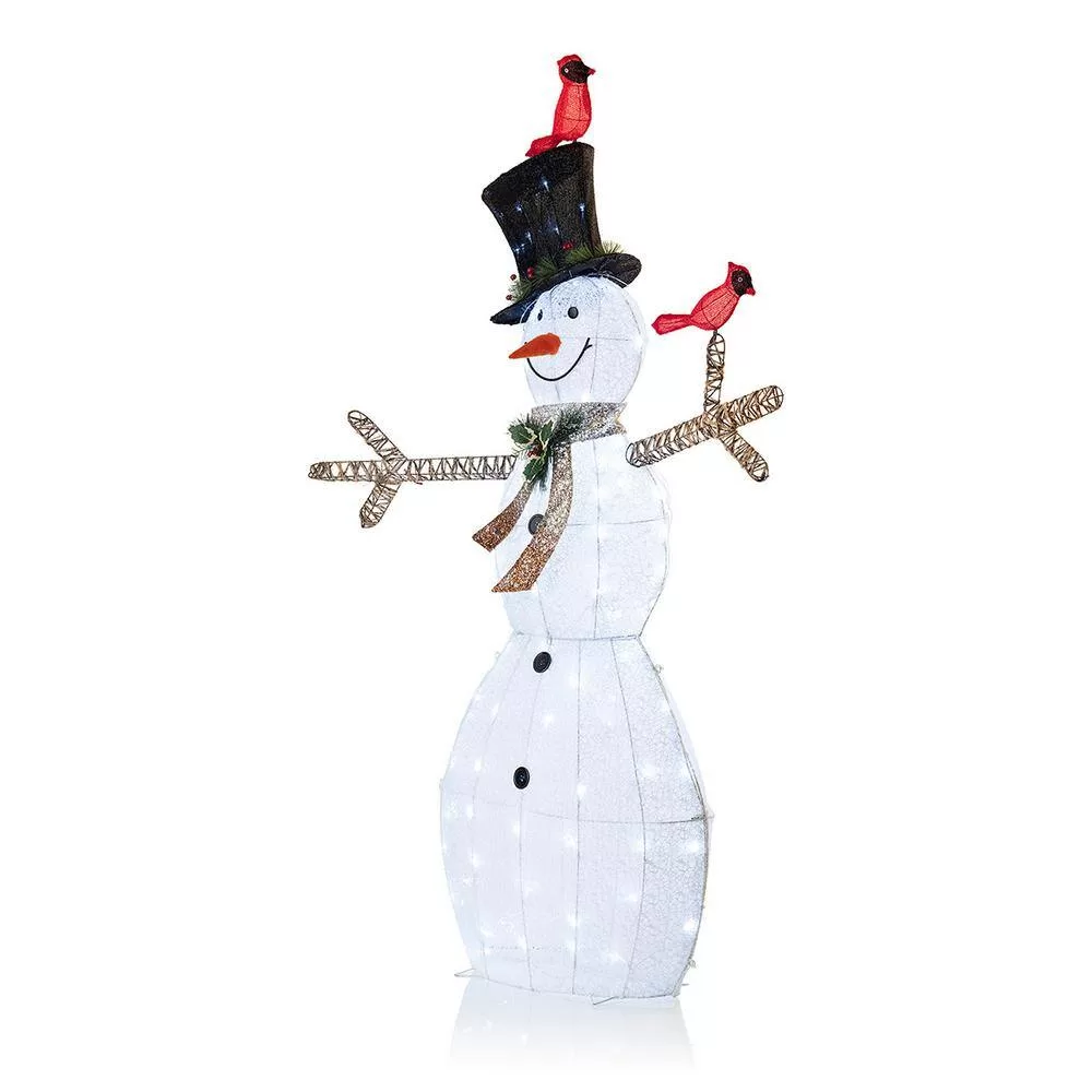 Alpine Corporation CHT892 74 in. Tall Mesh Snowman Decor with Red Birds and Cool White LED Lights