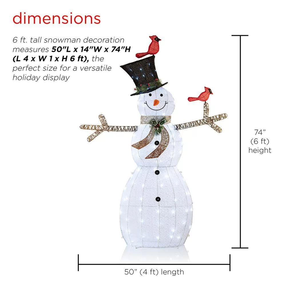 Alpine Corporation CHT892 74 in. Tall Mesh Snowman Decor with Red Birds and Cool White LED Lights
