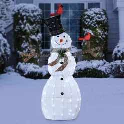 Alpine Corporation CHT892 74 in. Tall Mesh Snowman Decor with Red Birds and Cool White LED Lights