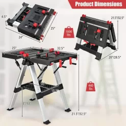 ANGELES HOME 8CK-35TL139 2.7 ft. x 2.7 ft. x 2 ft. Folding Workbench with Adjustable Height, 440 lbs. Load Capacity