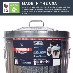Behrens 20 gal Silver Galvanized Steel Garbage Can Lid Included Animal Proof/Animal Resistant