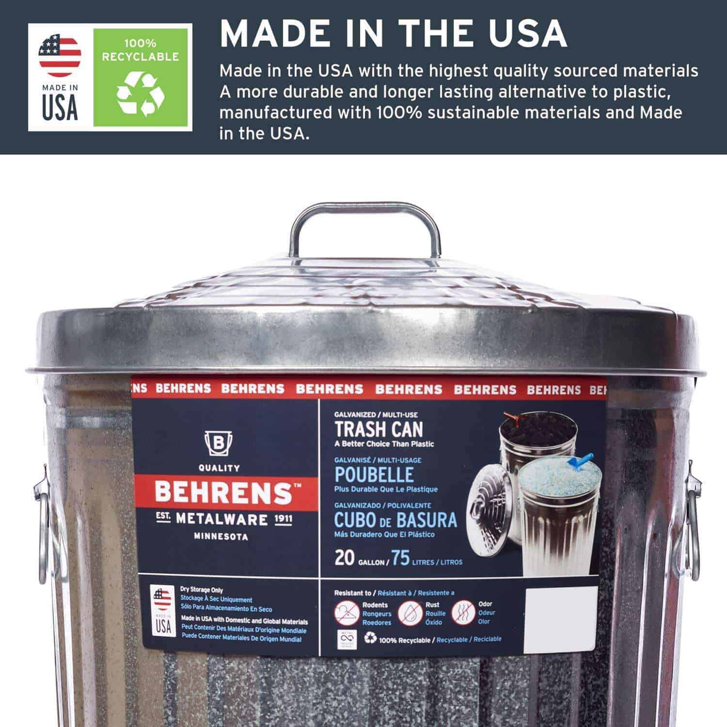 Behrens 20 gal Silver Galvanized Steel Garbage Can Lid Included Animal Proof/Animal Resistant