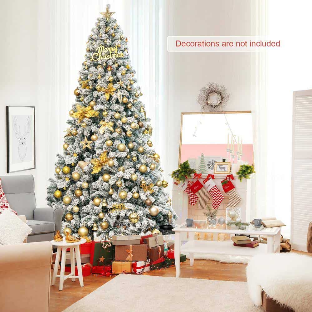 Costway CM22069 9 ft. Unlit Premium Snow Flocked Hinged Artificial Christmas Tree with Metal Stand
