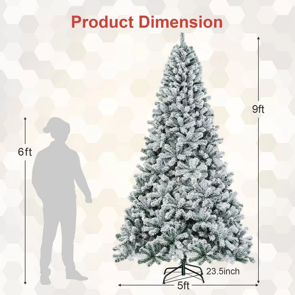 Costway CM22069 9 ft. Unlit Premium Snow Flocked Hinged Artificial Christmas Tree with Metal Stand