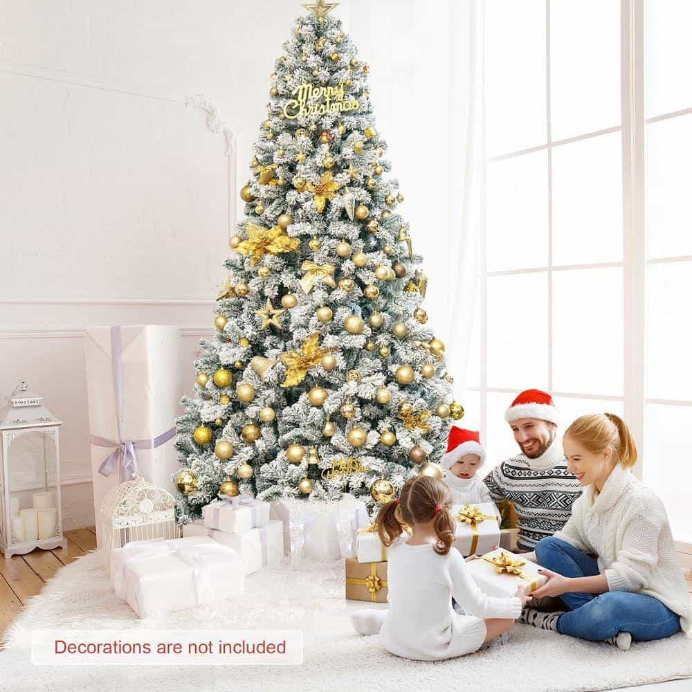 Costway CM22069 9 ft. Unlit Premium Snow Flocked Hinged Artificial Christmas Tree with Metal Stand