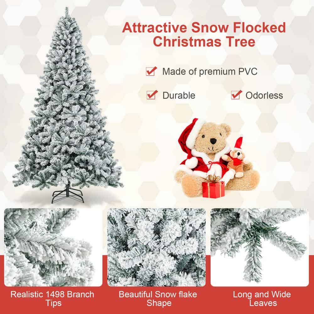 Costway CM22069 9 ft. Unlit Premium Snow Flocked Hinged Artificial Christmas Tree with Metal Stand