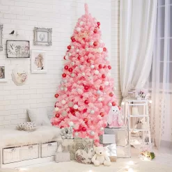 Costway CM23567 7.5 ft. Pink Snow Flocked Hinged Artificial Christmas Tree with Metal Stand
