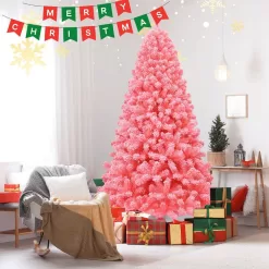 Costway CM23567 7.5 ft. Pink Snow Flocked Hinged Artificial Christmas Tree with Metal Stand