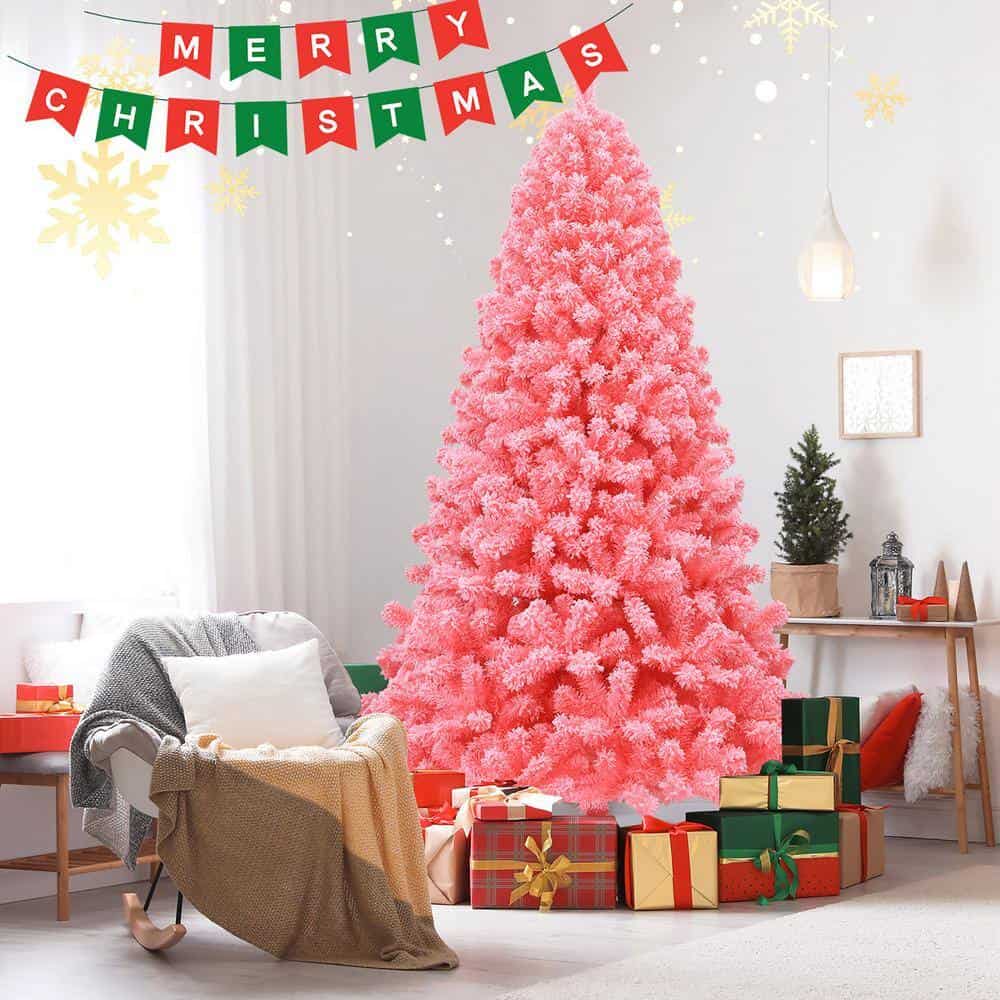 Costway CM23567 7.5 ft. Pink Snow Flocked Hinged Artificial Christmas Tree with Metal Stand