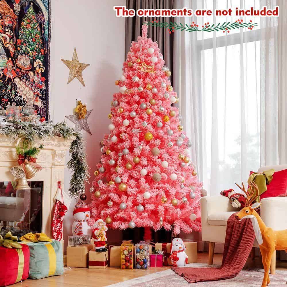 Costway CM23567 7.5 ft. Pink Snow Flocked Hinged Artificial Christmas Tree with Metal Stand