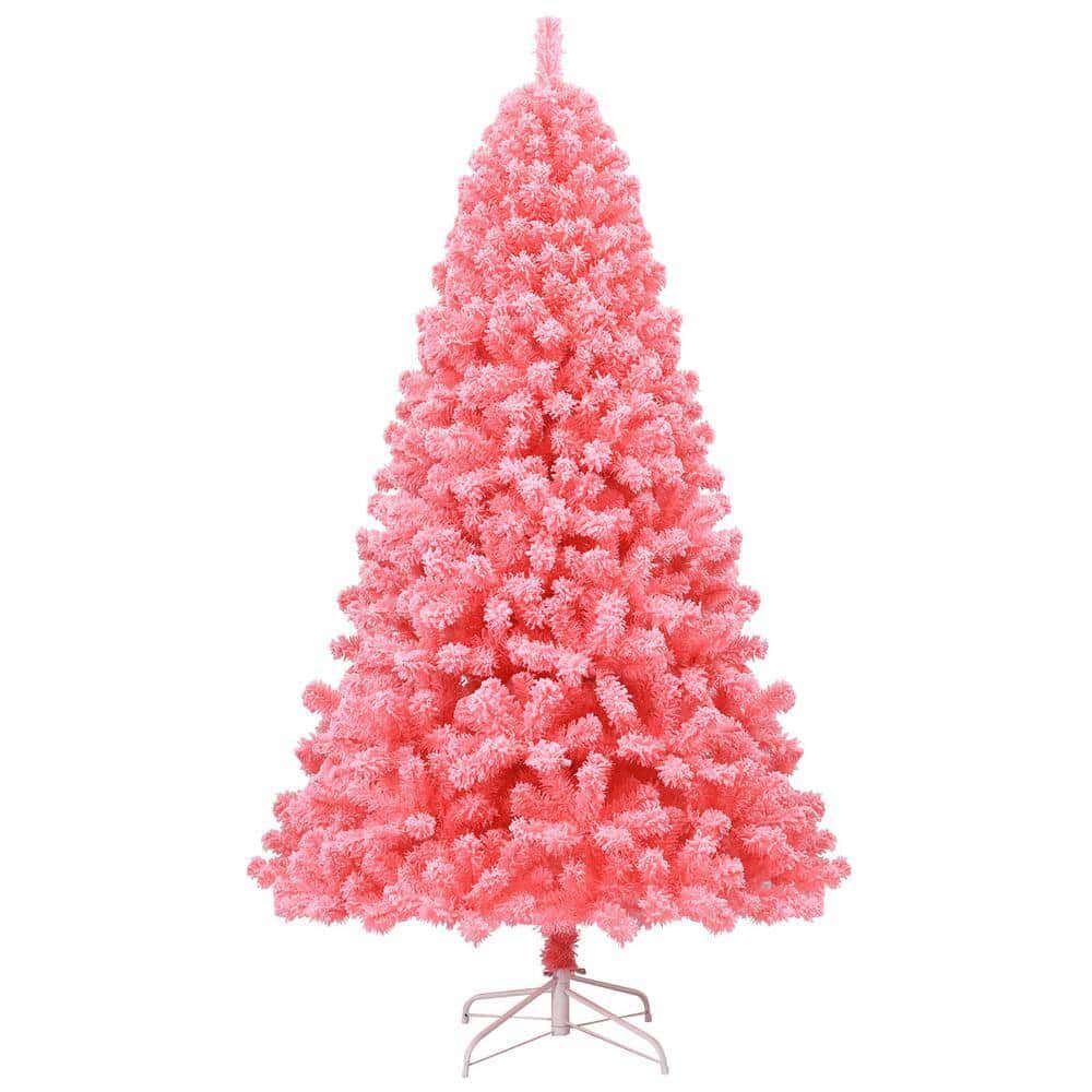 Costway CM23567 7.5 ft. Pink Snow Flocked Hinged Artificial Christmas Tree with Metal Stand