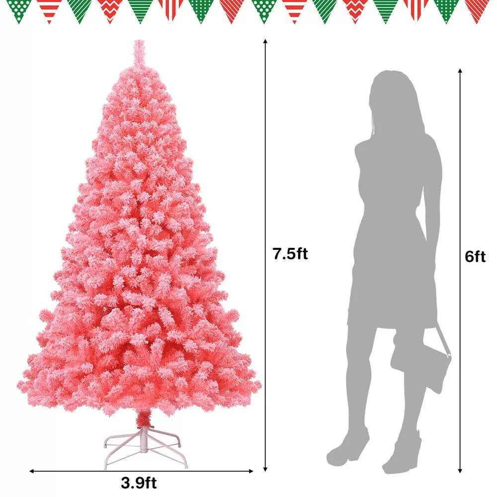 Costway CM23567 7.5 ft. Pink Snow Flocked Hinged Artificial Christmas Tree with Metal Stand
