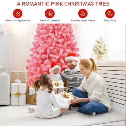 Costway CM23567 7.5 ft. Pink Snow Flocked Hinged Artificial Christmas Tree with Metal Stand