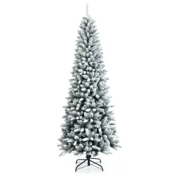 Costway CM23573 7.5ft Snow-Flocked Hinged Artificial Christmas Pencil Tree w/1189 Mixed Tips