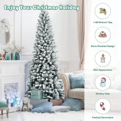 Costway CM23573 7.5ft Snow-Flocked Hinged Artificial Christmas Pencil Tree w/1189 Mixed Tips